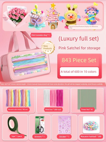 DIY Bükülebilir Çubuk El Sanatları Seti - Deluxe Tam Set Pembe Çanta, 843 Parça (10 Renk/600 Adet)