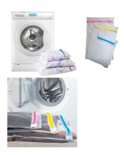 3'lü Çamaşır Yıkama Filesi Set Renkli Fermuarlı Pratik Çamaşır Yıkama Filesi Seti 3 Boy (368368)