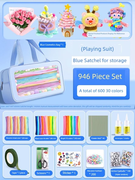 DIY Bükülebilir Çubuk El Sanatları Seti - Oyun Seti Mavi Çanta, 946 Parça (30 Renk/600 Adet)