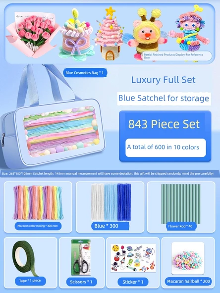 DIY Bükülebilir Çubuk El Sanatları Seti - Deluxe Tam Set Mavi Çanta, 843 Parça (10 Renk/600 Adet)