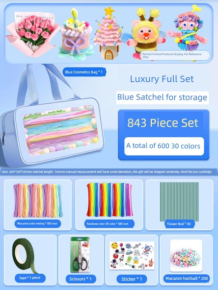 DIY Bükülebilir Çubuk El Sanatları Seti - Deluxe Tam Set Mavi Çanta, 843 Parça (30 Renk/600 Adet)