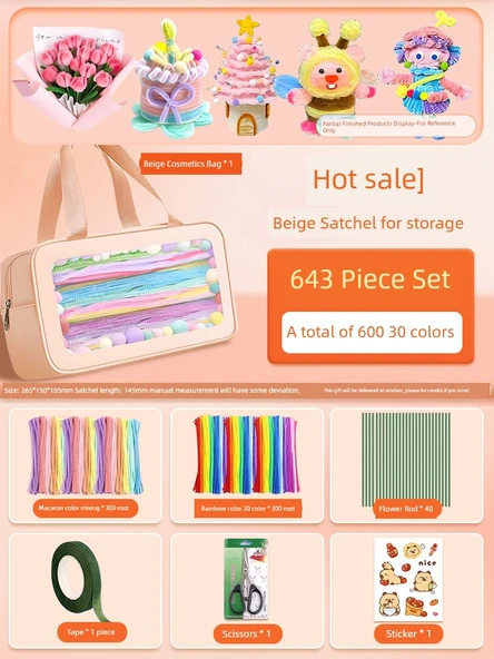 DIY Bükülebilir Çubuk El Sanatları Seti - Çok Satan Bej Çanta, 643 Parça (30 Renk/600 Adet)