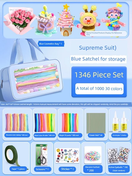 DIY Bükülebilir Çubuk El Sanatları Seti - Süper Set Mavi Çanta, 1346 Parça (30 Renk/1000 Adet)