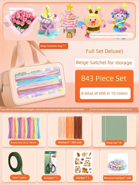 DIY Bükülebilir Çubuk El Sanatları Seti - Deluxe Tam Set Bej Çanta, 843 Parça (10 Renk/600 Adet)