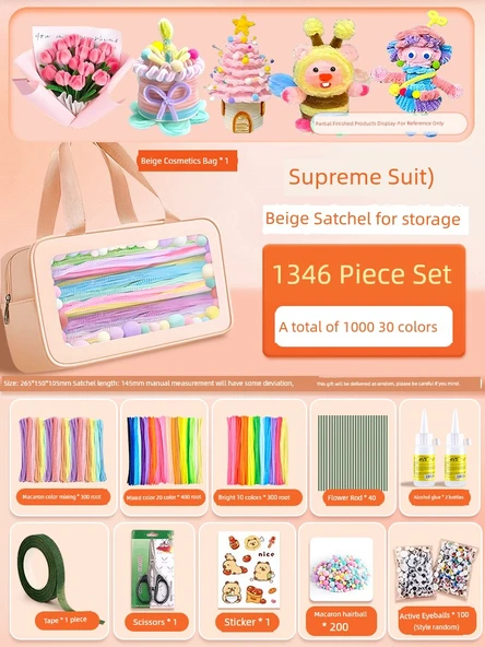DIY Bükülebilir Çubuk El Sanatları Seti - Süper Set Bej Çanta, 1346 Parça (30 Renk/1000 Adet)