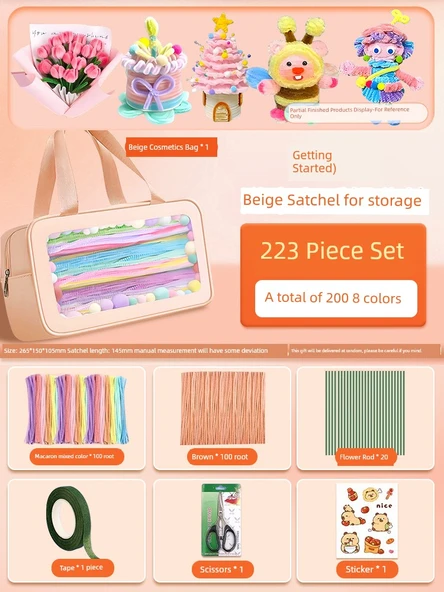 DIY Bükülebilir Çubuk El Sanatları Seti - Başlangıç Seviyesi Bej Çanta, 223 Parça (8 Renk/200 Adet)