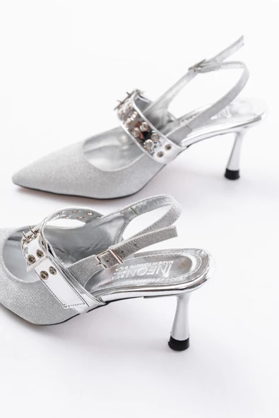 Gümüş Simli Günlük Arkası Açık Baret Tokalı Topuklu Bayan Ayakkabı - Resim 5
