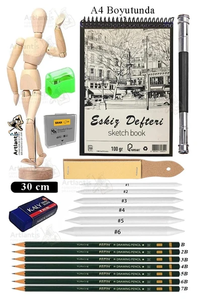 Ahşap İnsan Modeli 30cm A4 21x30 Eskiz Defteri Dereceli Karakalem Dağıtma Kalemi Zımpara Kalem Uzatma Aparat Hamur Silgi