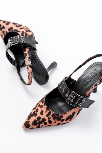 Siyah Leopar Günlük Arkası Açık Baret Tokalı Topuklu Bayan Ayakkabı - Resim 4