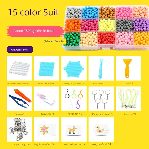 DIY Su Sisi Sihirli Boncuk Seti - Kare 15 Renk 1500 Boncuk + Lüks Aksesuarlar