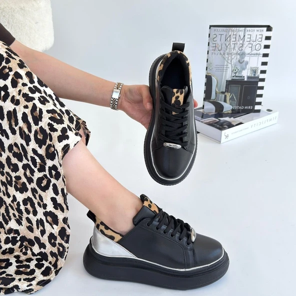 Jista Siyah Cilt Gümüş Detaylı Bağcıklı Spor Ayakkabı - 4