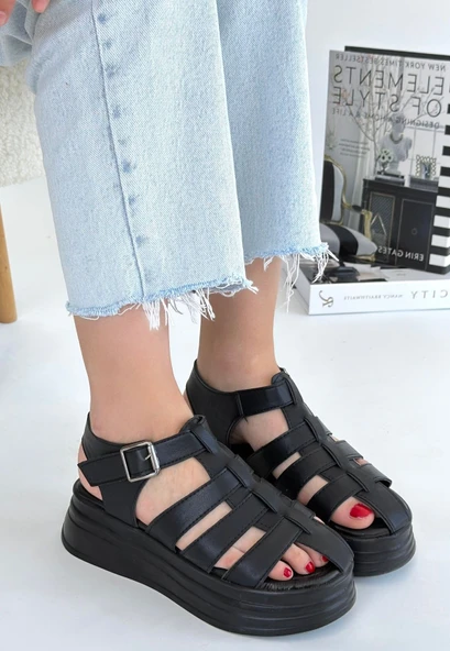Toten Siyah Cilt Kemerli Sandalet - 3