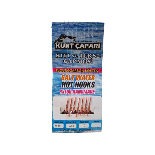 Kurt Çapari 10 Numara 7 İğneli Kırmızı Simli Kırçıllı 0.25 Beden 0.15 Kısa Köstek - Resim 2