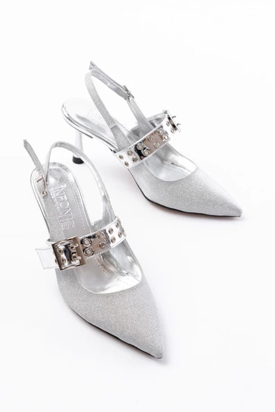 Gümüş Simli Günlük Arkası Açık Baret Tokalı Topuklu Bayan Ayakkabı - Resim 3