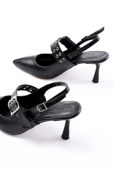 Siyah Günlük Arkası Açık Baret Tokalı Topuklu Bayan Ayakkabı - Resim 5