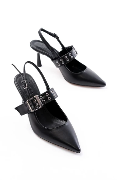 Siyah Günlük Arkası Açık Baret Tokalı Topuklu Bayan Ayakkabı - Resim 3