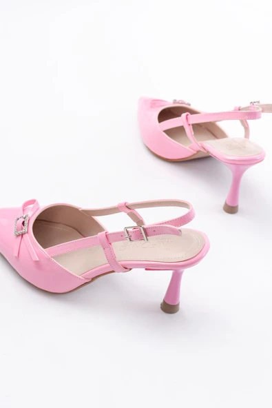 Pembe Rugan Günlük Arkası Açık Fiyonklu Topuklu Bayan Ayakkabı - Resim 5