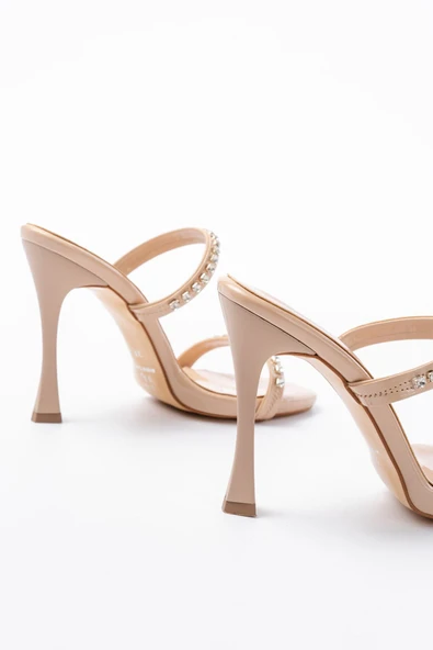 Kadın Bej Rugan Taşlı Platformlu Topuklu Terlik - Resim 5