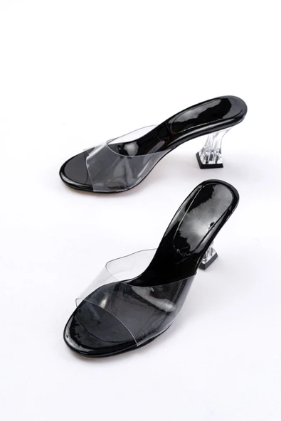 Siyah Rugan Şeffaf Bantlı Şeffaf Topuklu Yuvarlak Burunlu Kadın Terlik - Resim 3