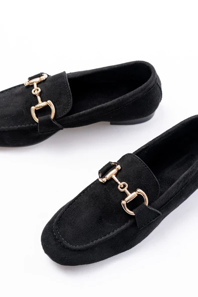 Siyah Süet Toka Aksesuarlı Günlük Kadın Babet - Resim 4