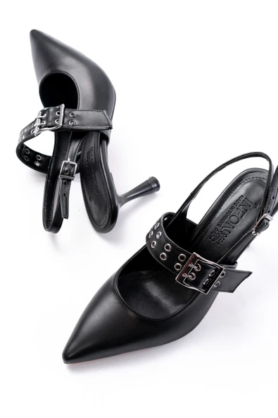 Siyah Günlük Arkası Açık Baret Tokalı Topuklu Bayan Ayakkabı - Resim 4