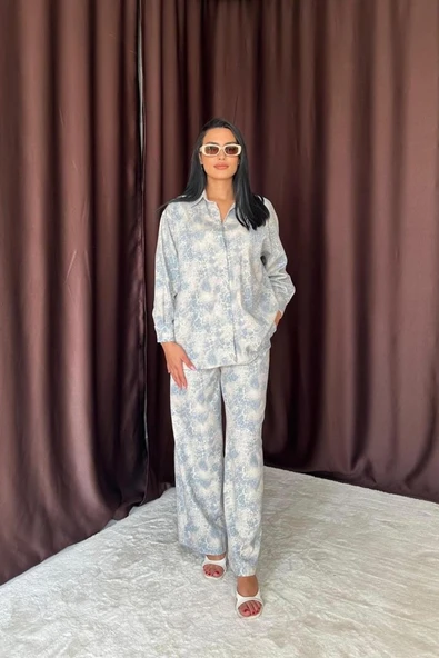 Mavi Leopar Desenli Ceket Ve Pantolon Keten Takım