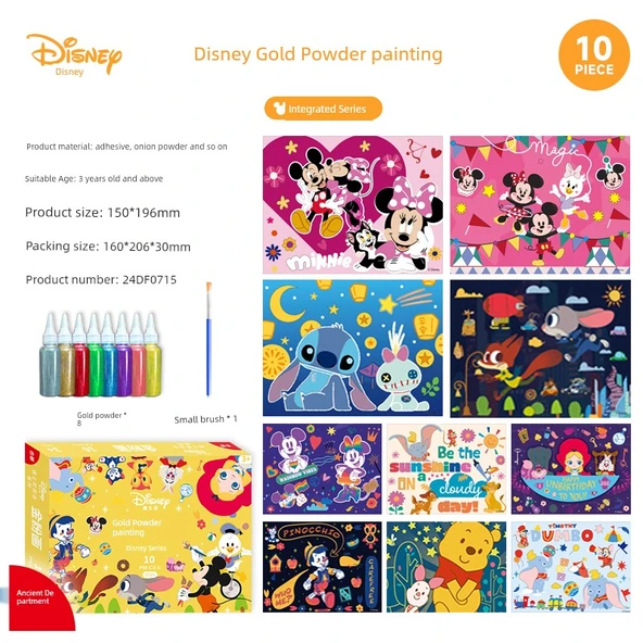 Disney Mickey Mouse Altın Tozu Boyama Seti - 10 Kart, 8 Renk Altın Tozu, Fırça