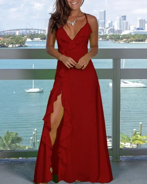 Lucky Life Kadın Ip Askılı Dekolteli Yırtmaç Detay Krep Elbise - Resim 2