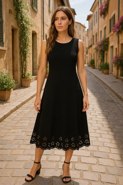 Lucky Life Kadın Kolsuz Etek Ucu Lazer Kesim çiçek Desenli Midi Boy Ithal Krep Elbise ürün görseli 1