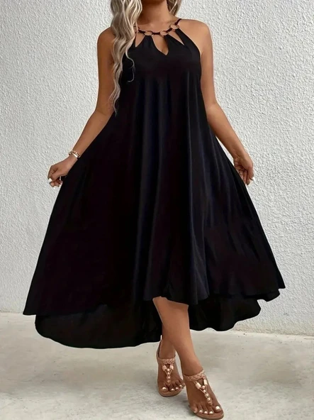 Lucky Life Kadın Boyundan Askılı Damla Detaylı Halkalı Asimetrik Kesim Viskon Elbise ürün görseli 1