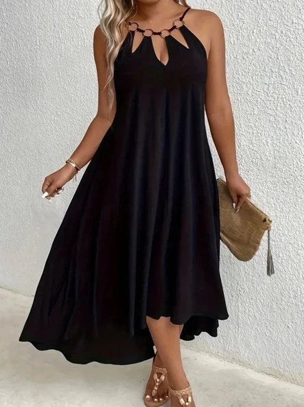 Lucky Life Kadın Boyundan Askılı Damla Detaylı Halkalı Asimetrik Kesim Viskon Elbise - Resim 2