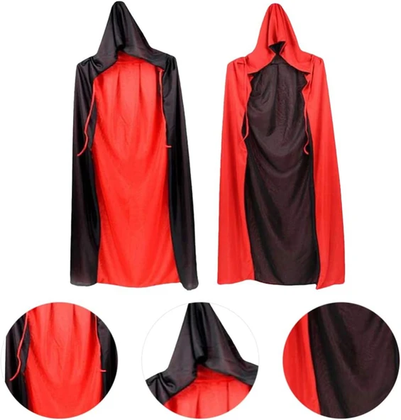 Çift Taraflı Kullanılabilir Siyah Kırmızı Yakalı Pelerin 90 Cm Çocuk - 2