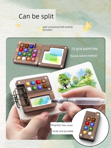 Portatif Suluboya Boya Kutusu Seti - [Akrilik Seti] 15 Gözlü Boya Kutusu + 24 Renkli Boya + Küçük Resim Defteri ve Su Fırçası - Resim 6