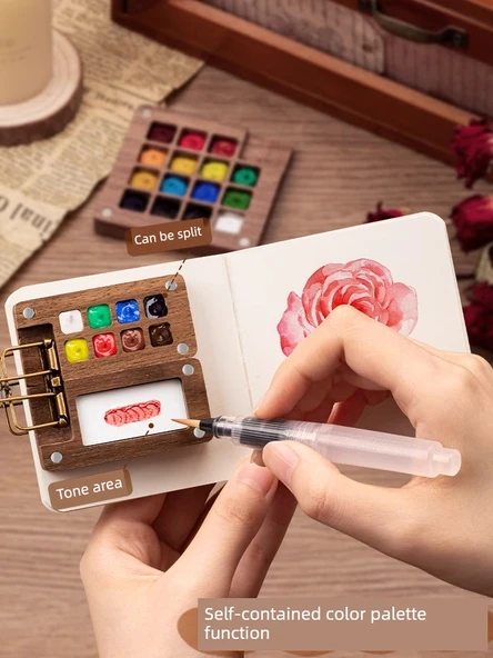 Portatif Suluboya Boya Kutusu Seti - [Akrilik Seti] 15 Gözlü Boya Kutusu + 24 Renkli Boya + Küçük Resim Defteri ve Su Fırçası - Resim 5