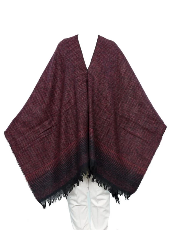 Bordo Siyah Çizgili Bayan Panço - 7
