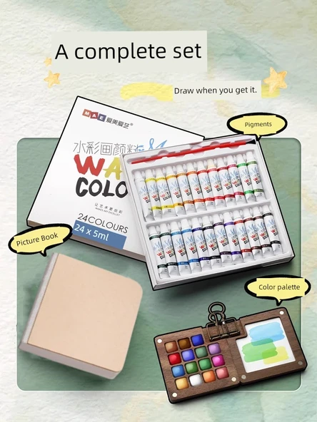 Portatif Suluboya Boya Kutusu Seti - [Akrilik Seti] 15 Gözlü Boya Kutusu + 24 Renkli Boya + Küçük Resim Defteri ve Su Fırçası - Resim 10