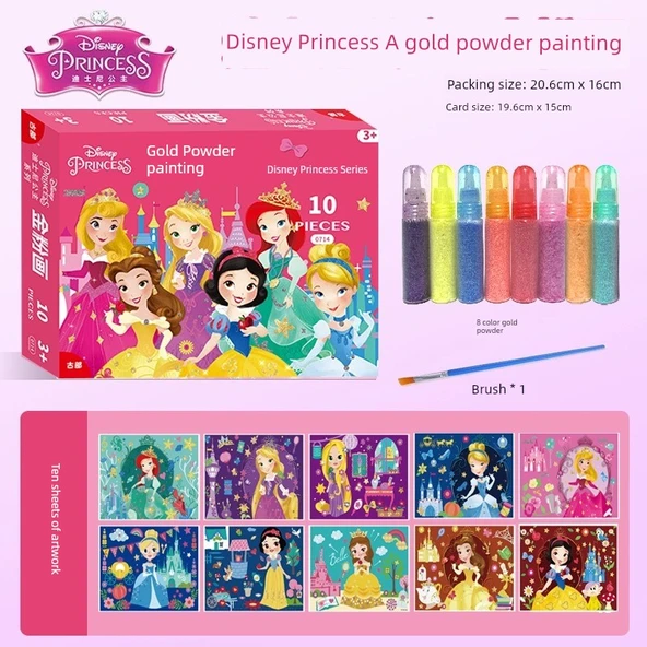 Disney Prenses Altın Tozlu Kum Boyama Seti - 10 Çizim, 8 Renk, Fırça
