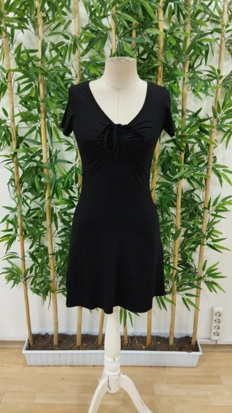 Lucky Life Kadın Kısa Kollu Derin Büzgülü V Yakalı Viskon Elbise - Resim 6