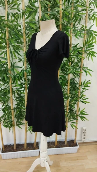 Lucky Life Kadın Kısa Kollu Derin Büzgülü V Yakalı Viskon Elbise - Resim 7