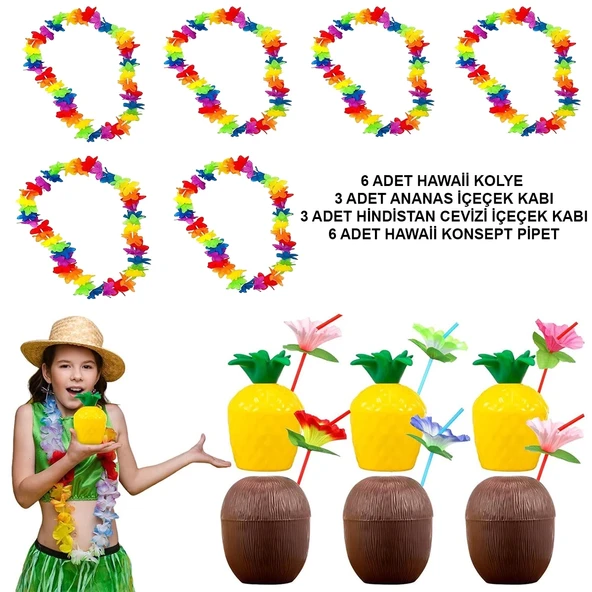 Tropikal Hawaii Parti Malzemeleri - Kolye, Pipet, Bardak Seti