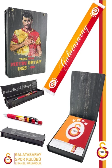 Galatasaray Orijinal Lisanslı Şal Kaşkol Atkı ve Premium Uçlu Kalem Set Aslan Baskılı Ahşap Kutulu