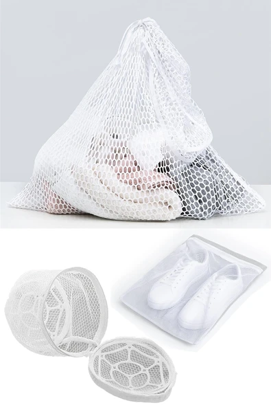 3lü Yıkama File Seti - Ayakkabı Filesi-plastik Aparatlı Sütyen Yıkama- Çamaşır Yıkama Filesi