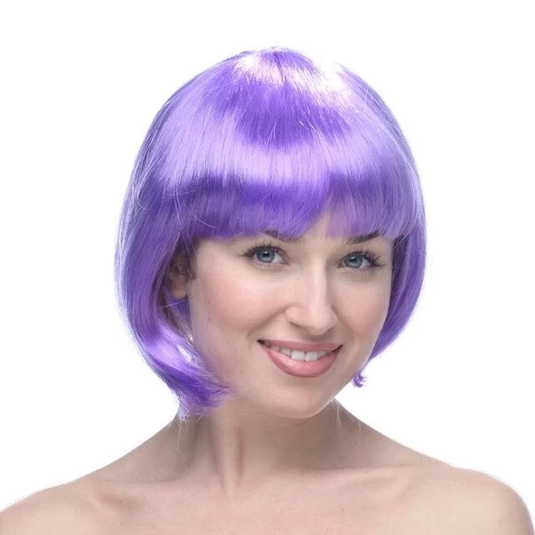 Lila Renk Kısa Model Parti Peruğu - Lila Renk Küt Saç - 1