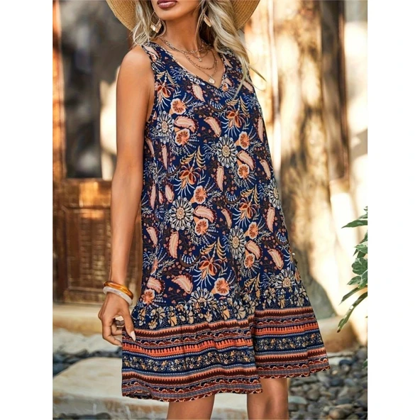 Lucky Life Kadın Askılı V Yakalı Fırfırlı Desenli Süprem Kısa Elbise - 8