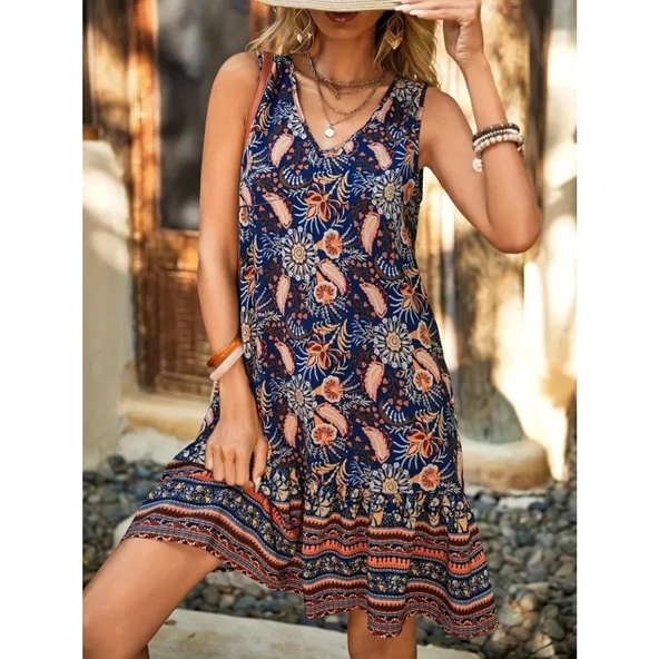 Lucky Life Kadın Askılı V Yakalı Fırfırlı Desenli Süprem Kısa Elbise - 3