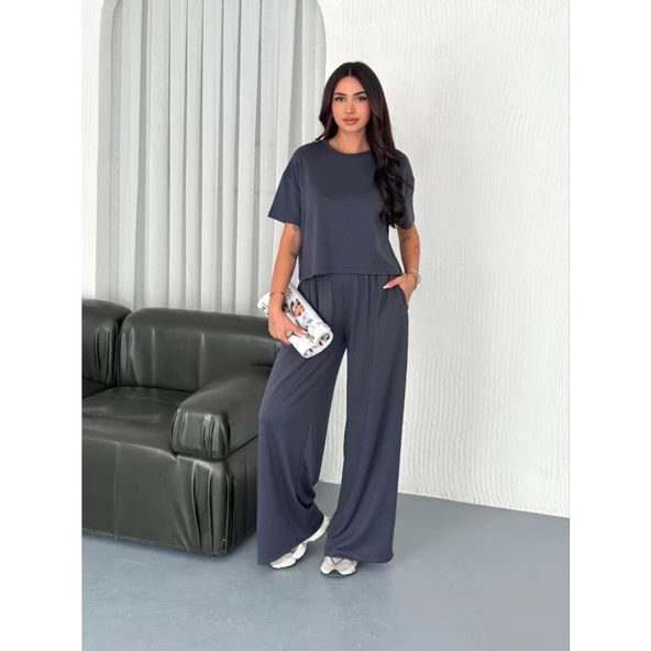 Lucky Life Lucky Life Kadın Modal Yumuşak Dokulu Kumaş Bisiklet Yaka T-shirt Bol Paça Pantalon Ikili Takım -Antrasit - 3