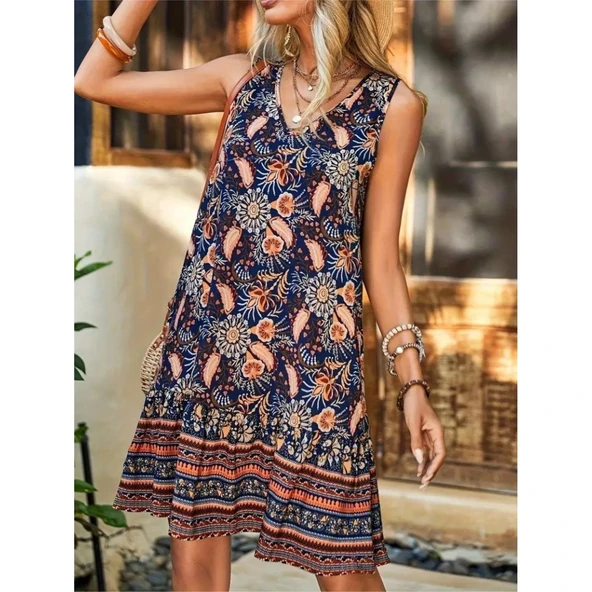 Lucky Life Kadın Askılı V Yakalı Fırfırlı Desenli Süprem Kısa Elbise - 7