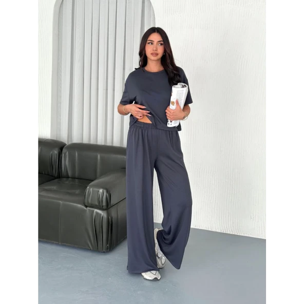 Lucky Life Lucky Life Kadın Modal Yumuşak Dokulu Kumaş Bisiklet Yaka T-shirt Bol Paça Pantalon Ikili Takım -Antrasit