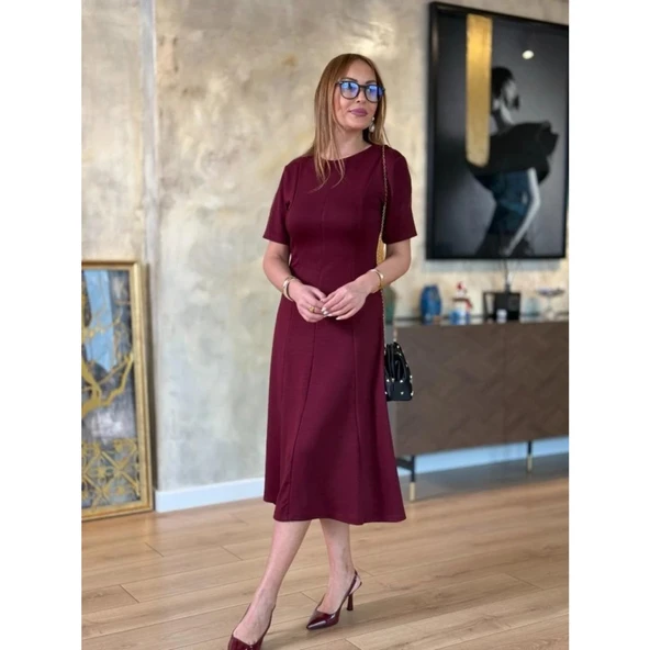 Lucky Life Kadın Kısa Kollu Bisiklet Yaka Midi Viskon Iki Iplik Elbise - 4