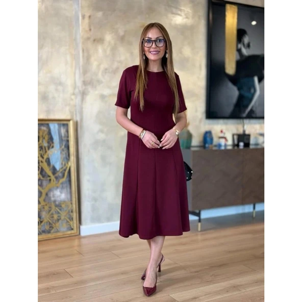 Lucky Life Kadın Kısa Kollu Bisiklet Yaka Midi Viskon Iki Iplik Elbise - 6